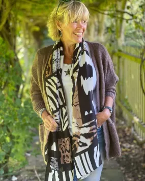 Recycled Animal Print Scarf - Black And Camel