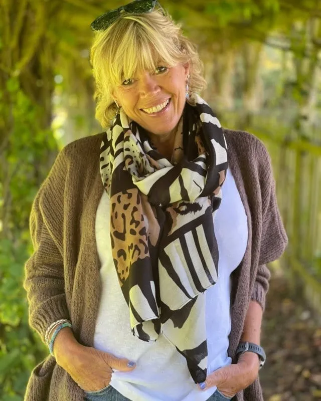 Recycled Animal Print Scarf - Black And Camel