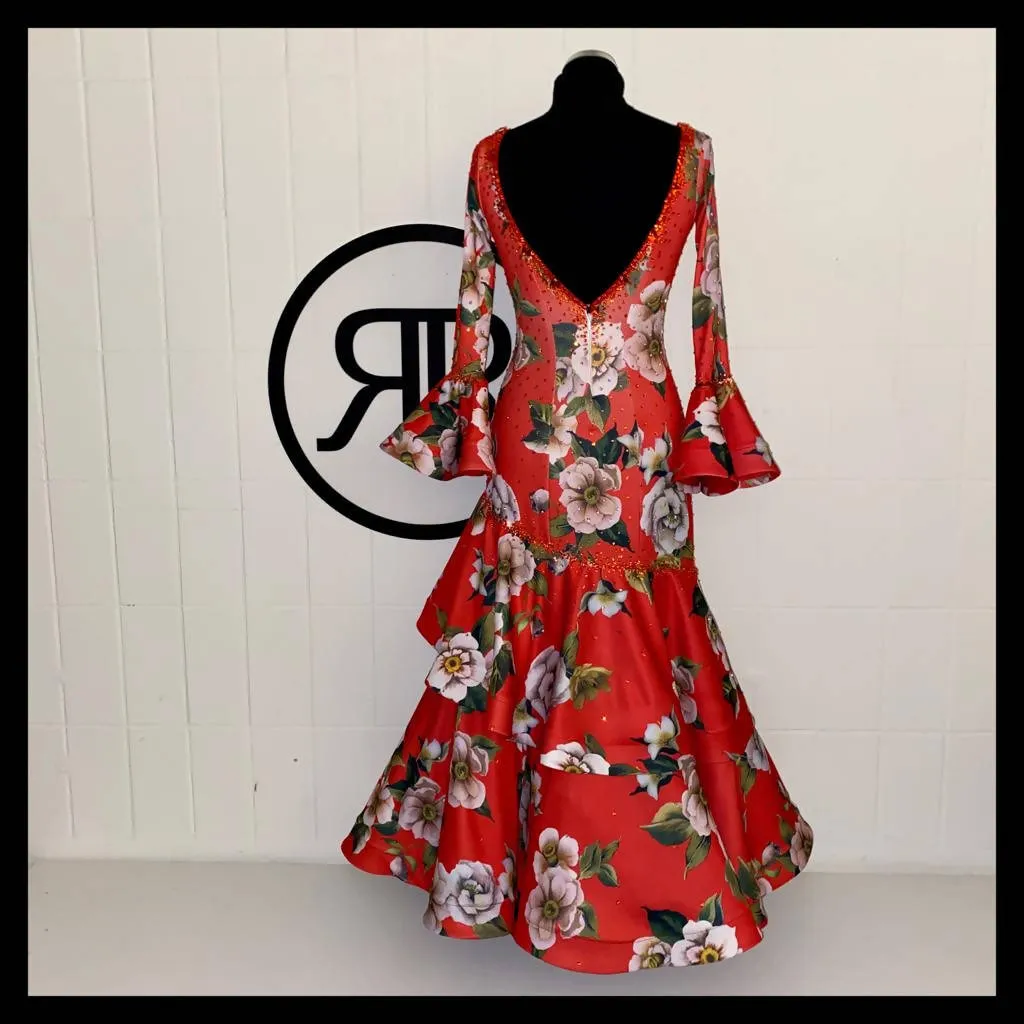 Red Floral Print Standard Ballroom Dress