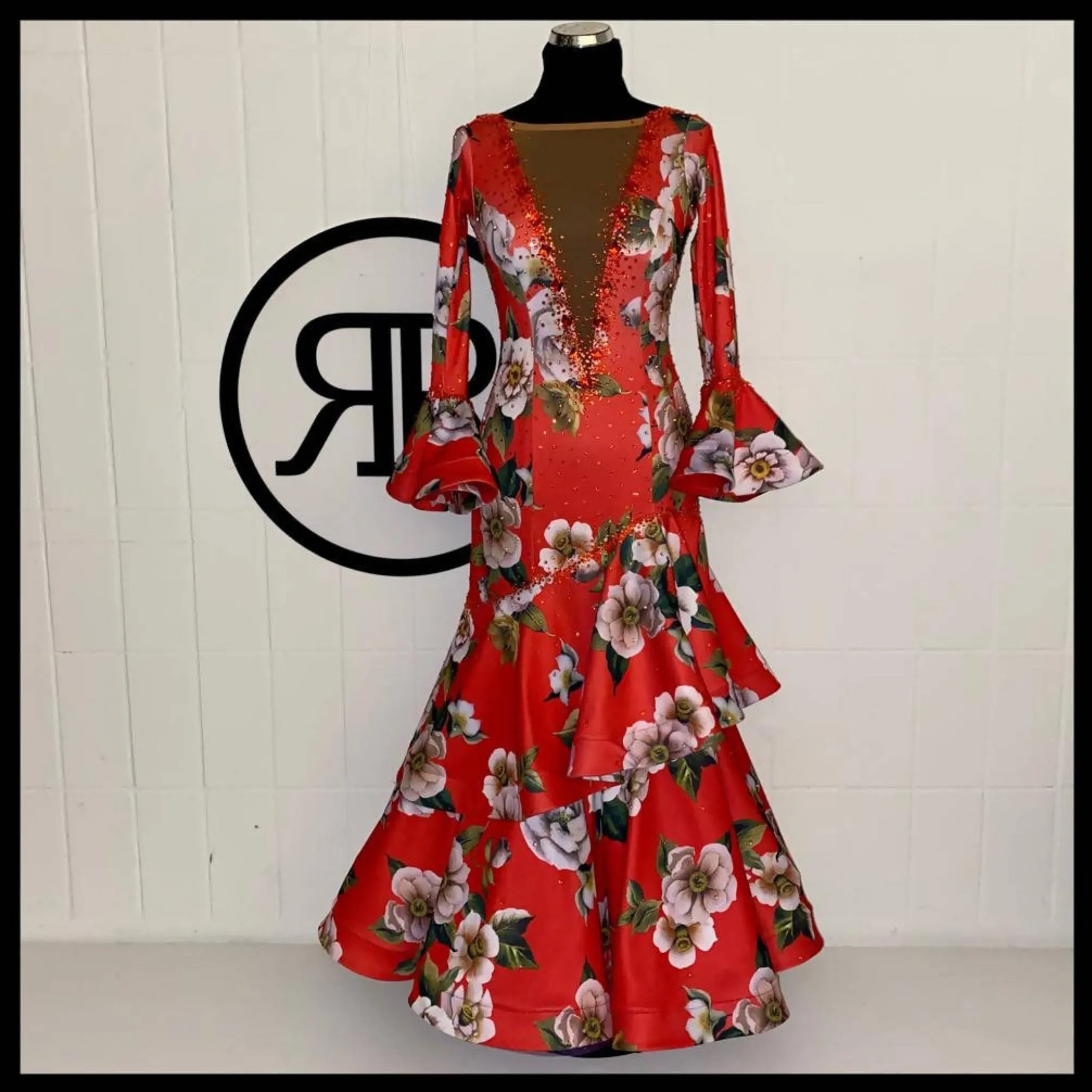 Red Floral Print Standard Ballroom Dress