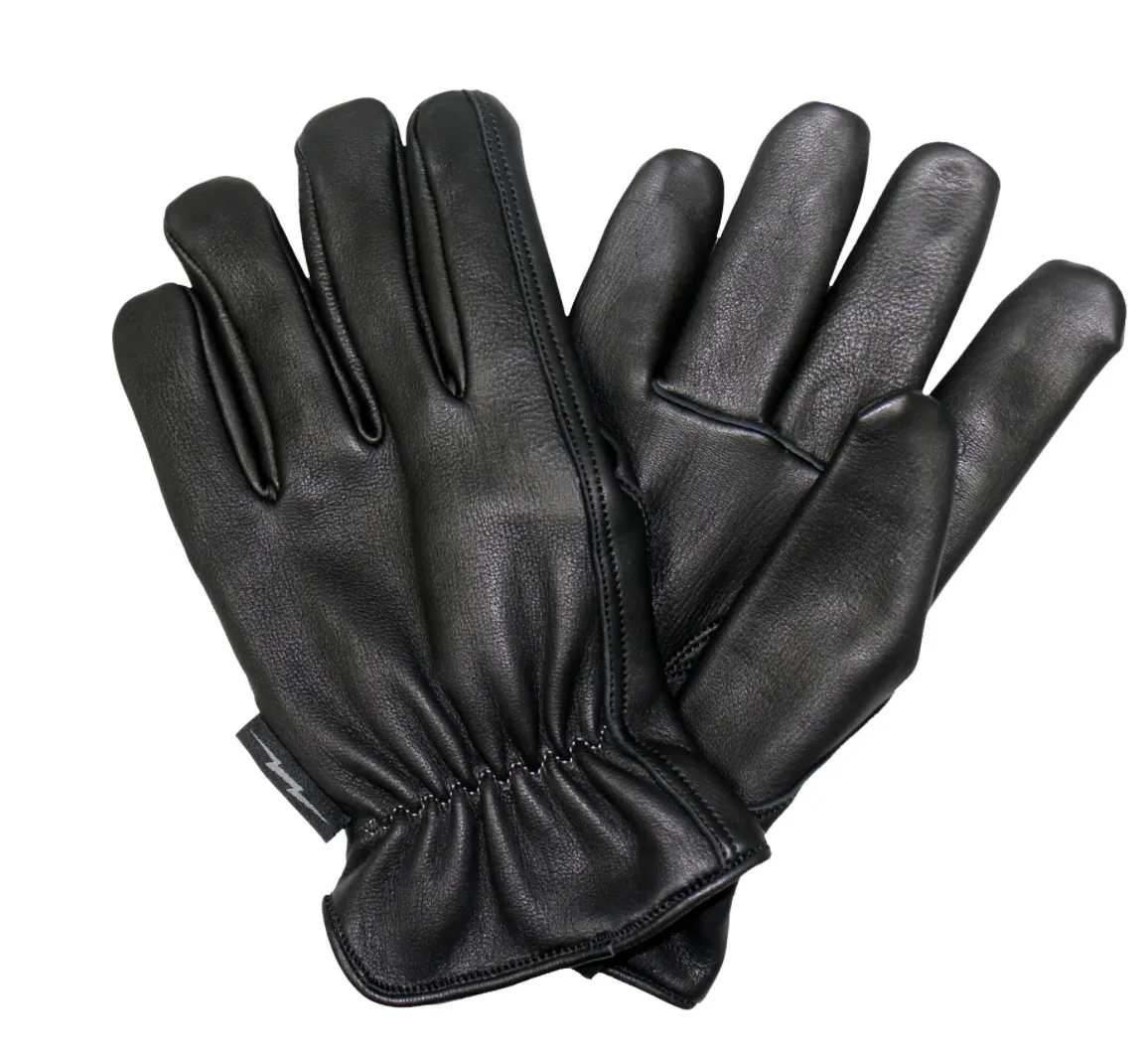 Soft Deerskin Black Leather Cruiser Gloves with Red Check Flannel Lining