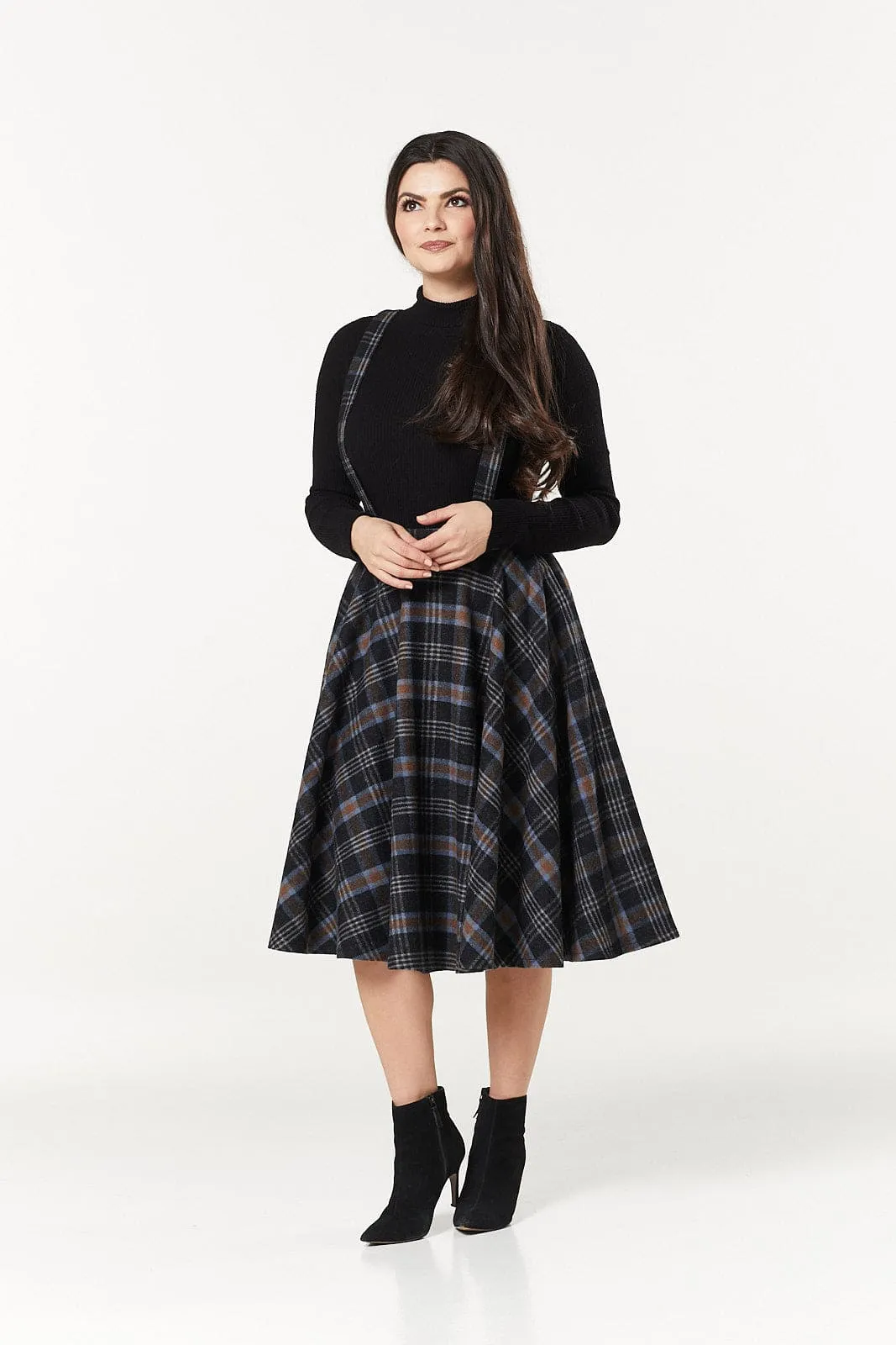 Sophie Black&Rust Woollen BracesTartan Midi Swing Skirt