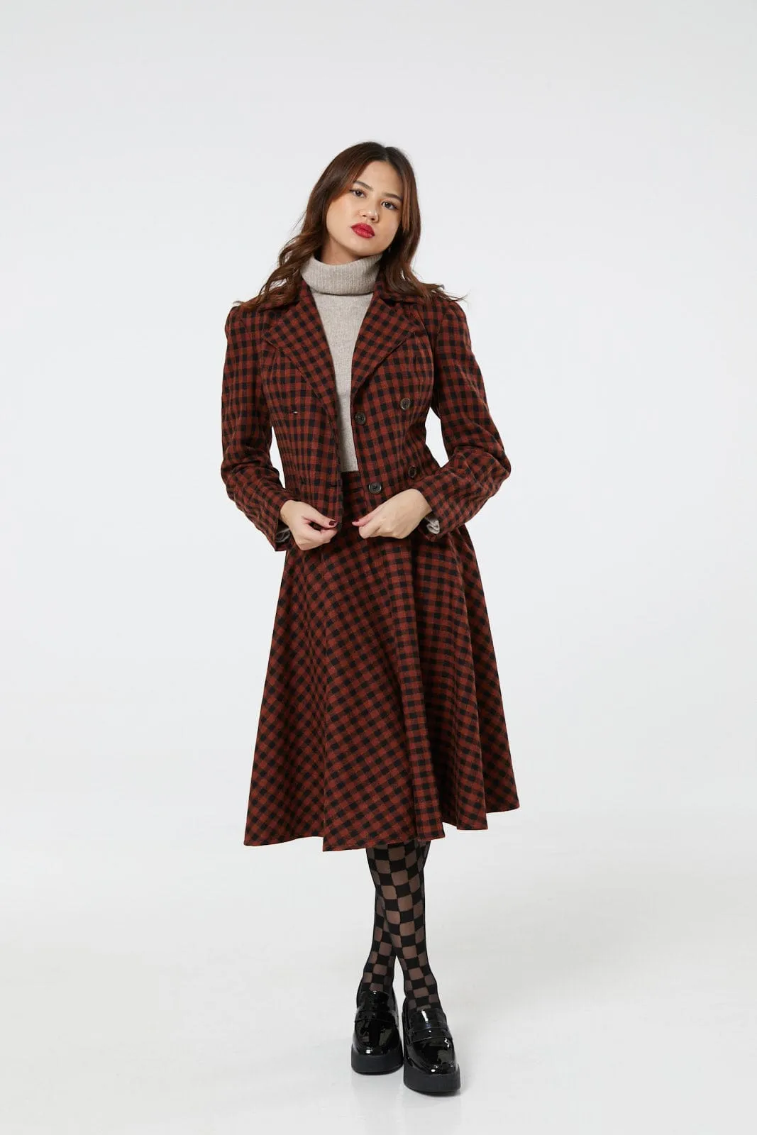 Sophie Copper and Black Check Tartan Midi Swing Skirt