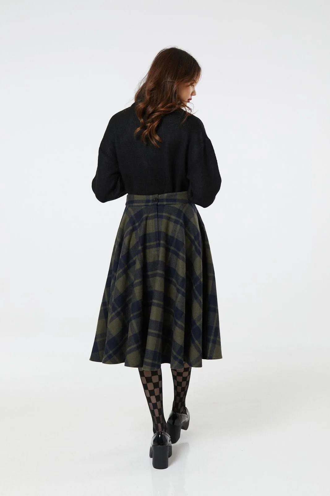 Sophie Sage Green Woollen Check Tartan Midi Swing Skirt