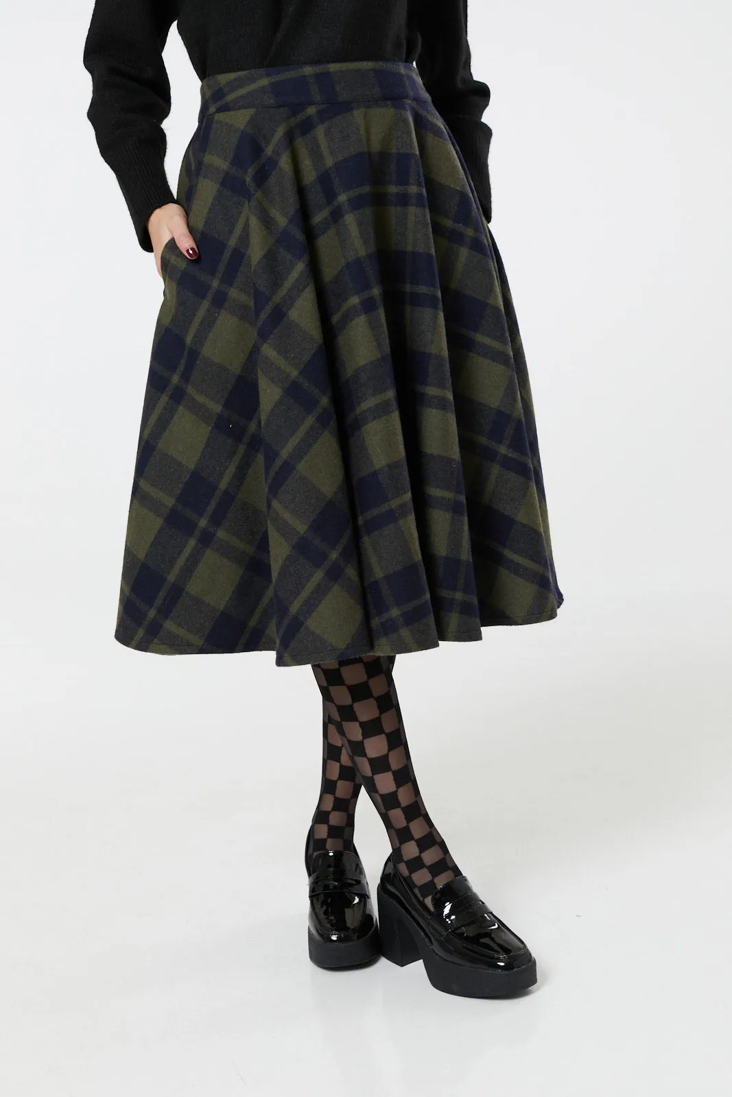 Sophie Sage Green Woollen Check Tartan Midi Swing Skirt