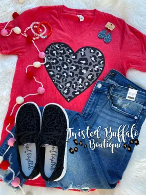 {TAKE MY BREATH AWAY} Grayscale Leopard Heather Red V-Neck Tee