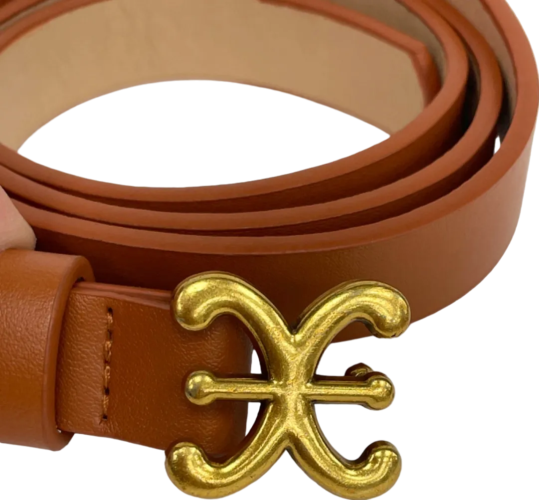 Tan Faux Leather Belt with Gold Buckle One Size