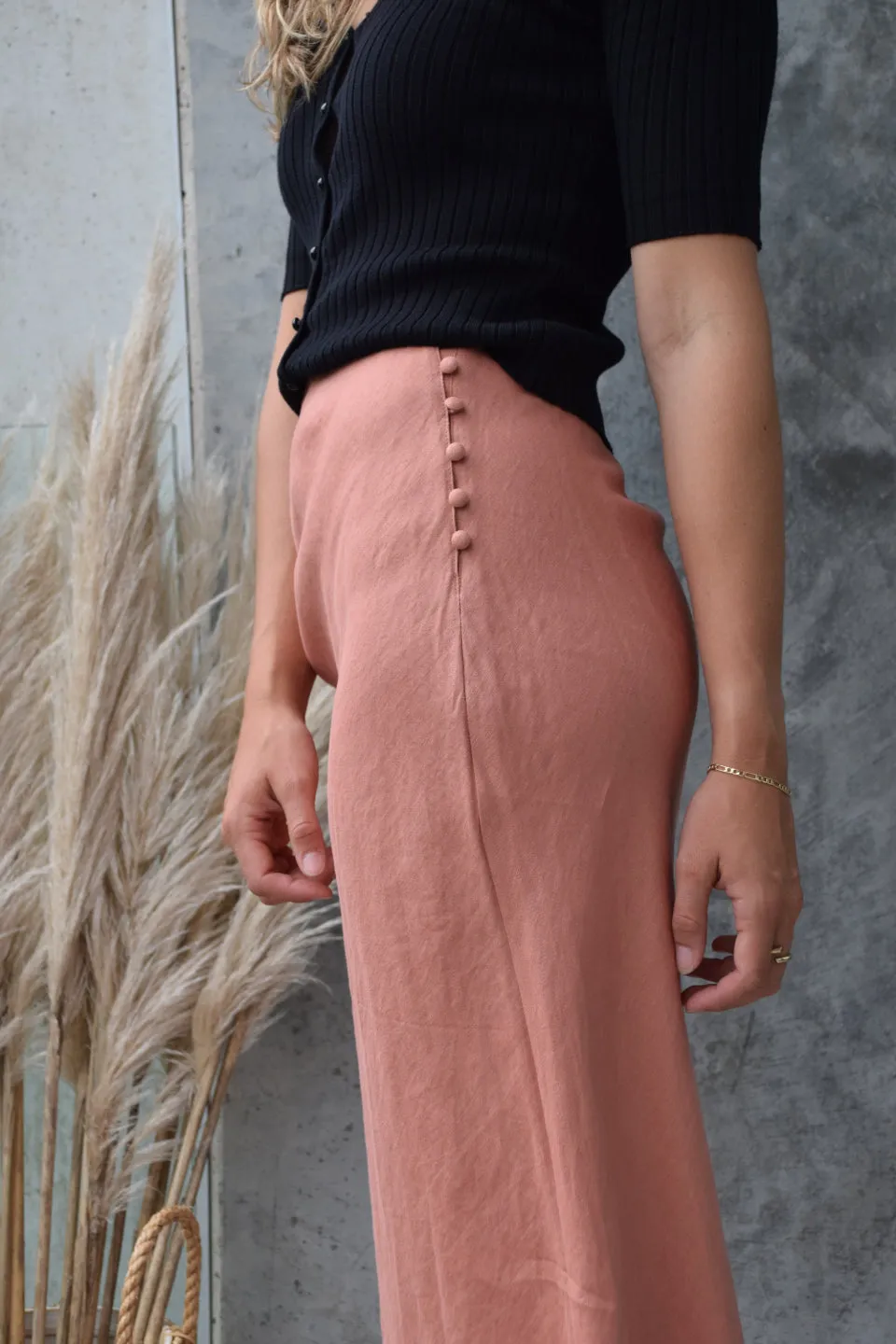 Utopia Bias Brick Linen Midi Skirt with Self Buttons