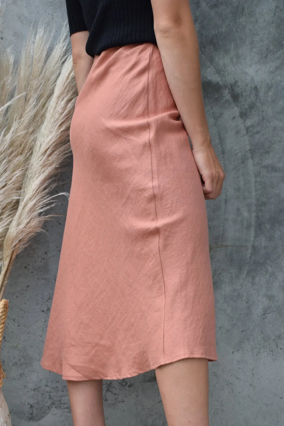 Utopia Bias Brick Linen Midi Skirt with Self Buttons