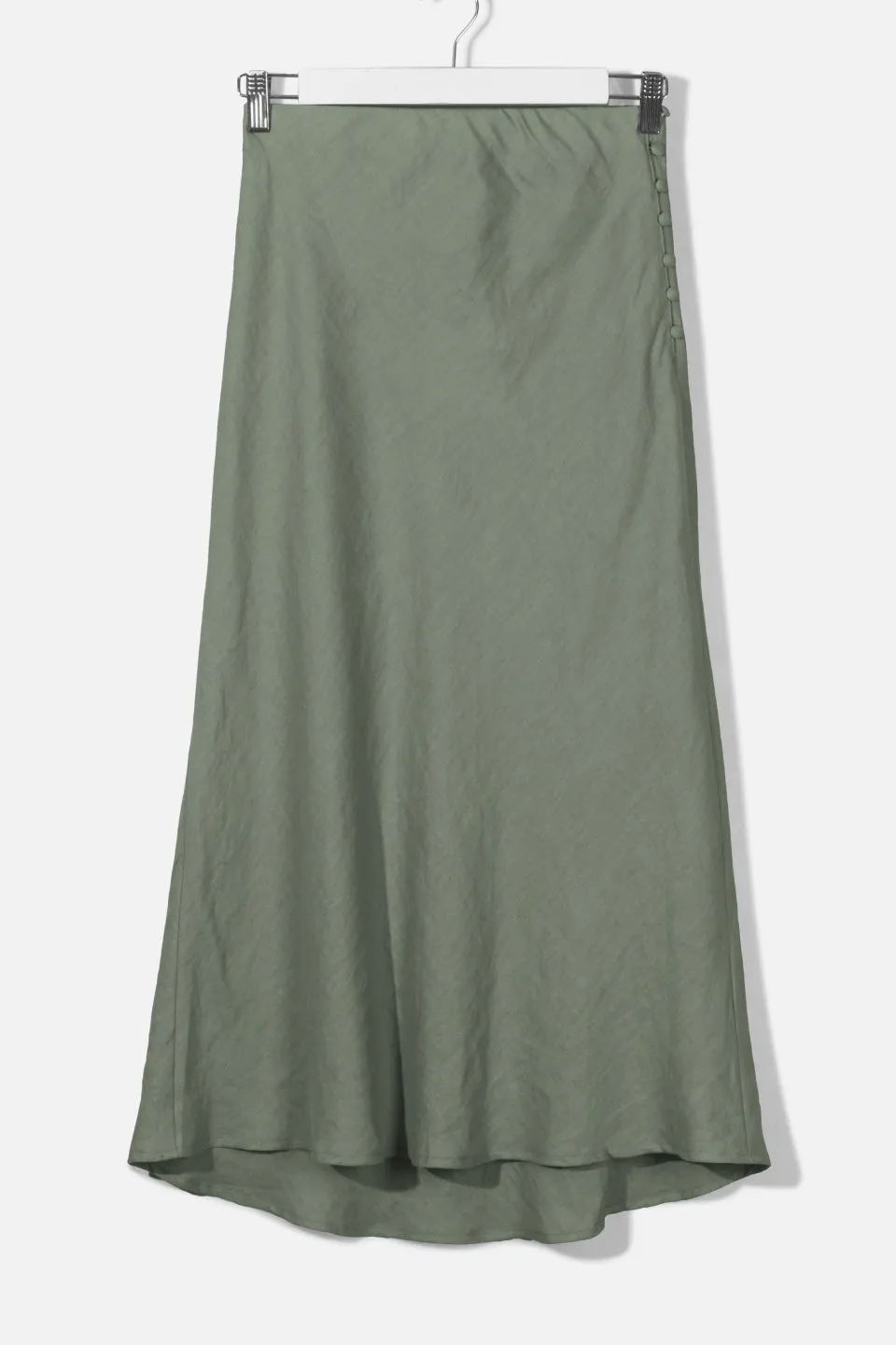 Utopia Bias Khaki Linen Midi Skirt with Self Buttons