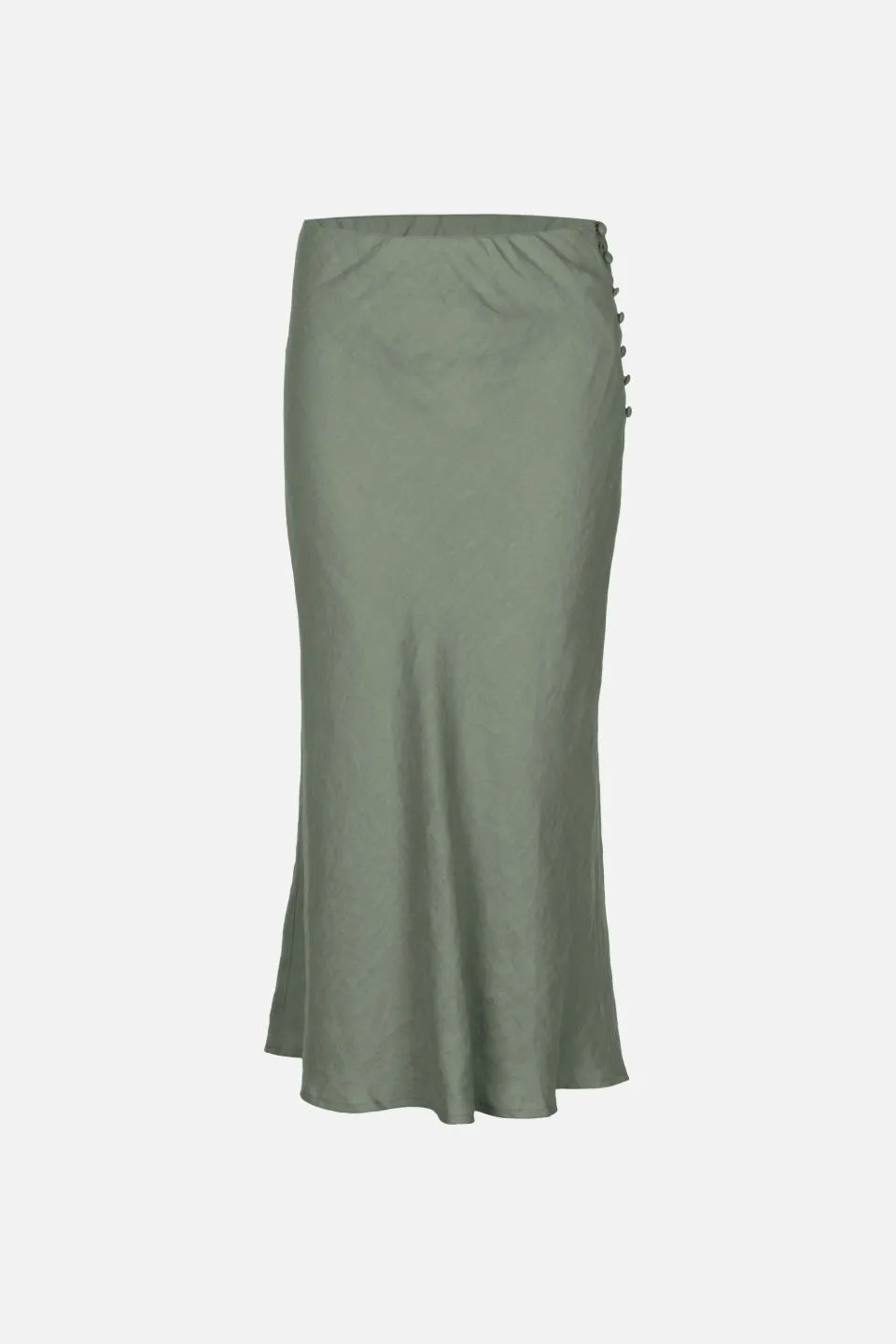 Utopia Bias Khaki Linen Midi Skirt with Self Buttons