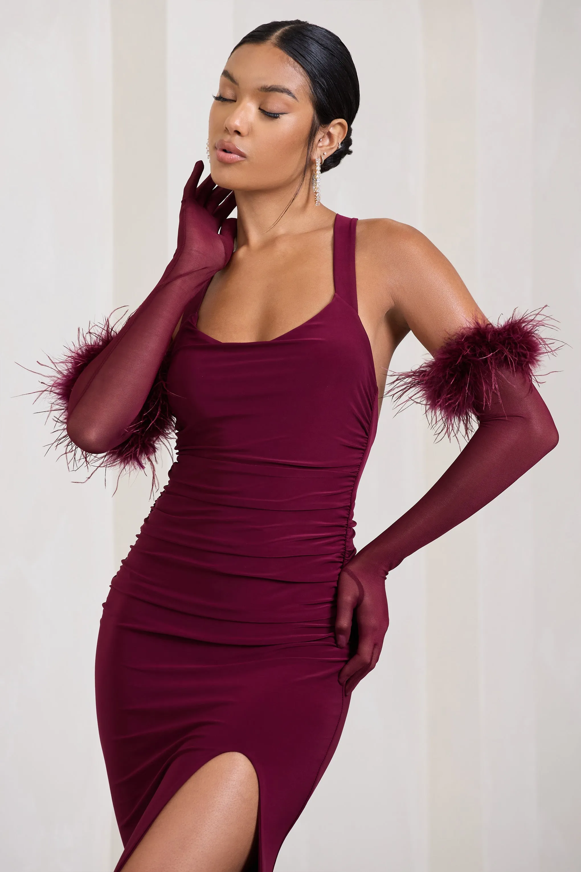 Watch & Wave | Burgundy Sheer Long Feather Gloves