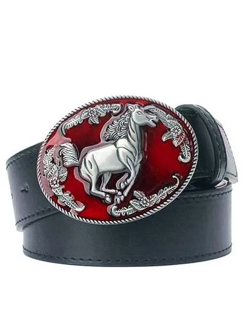 Western cowboy style men's belt horse leather totem courser horsemanship metal buckle horserace belt leather steed animal logo