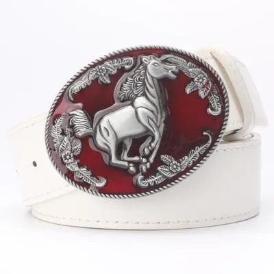 Western cowboy style men's belt horse leather totem courser horsemanship metal buckle horserace belt leather steed animal logo