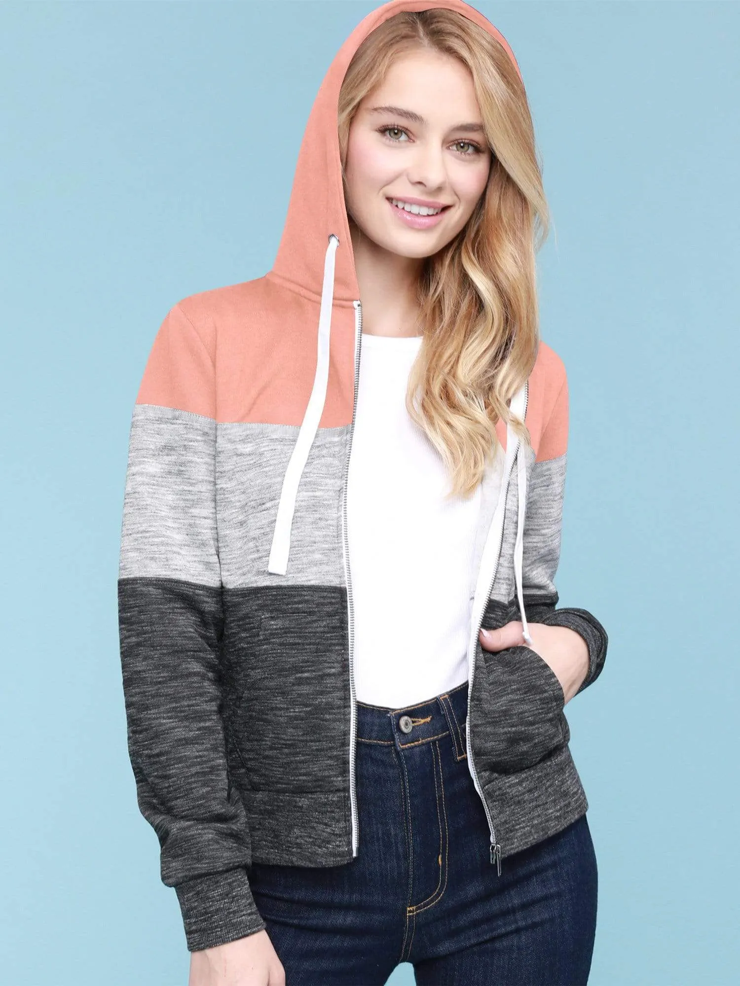 Women's Active Casual Zip-up Color Block Hoodie Sweatshirt